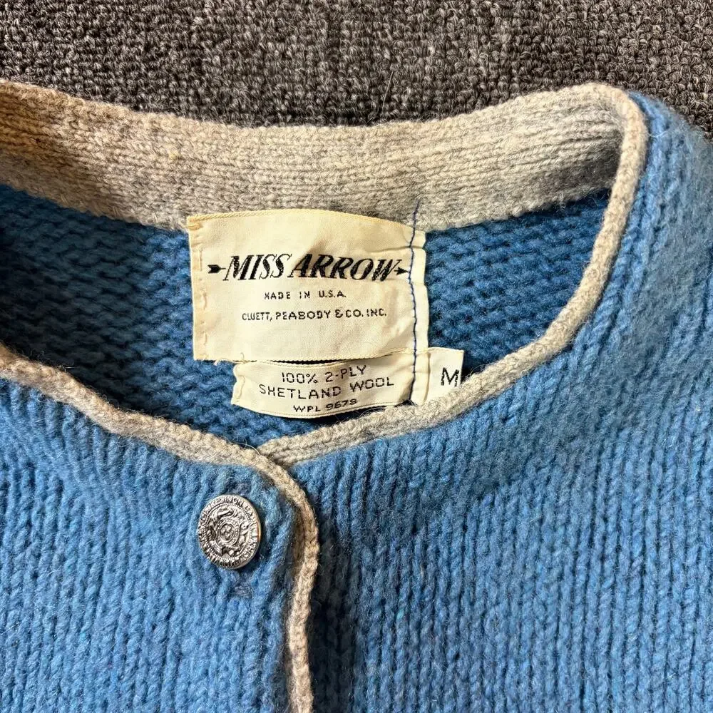 Vintage 40's 50's Miss Arrow Blue Wool Knit Longsleeve Cardigan Elbow Pads M